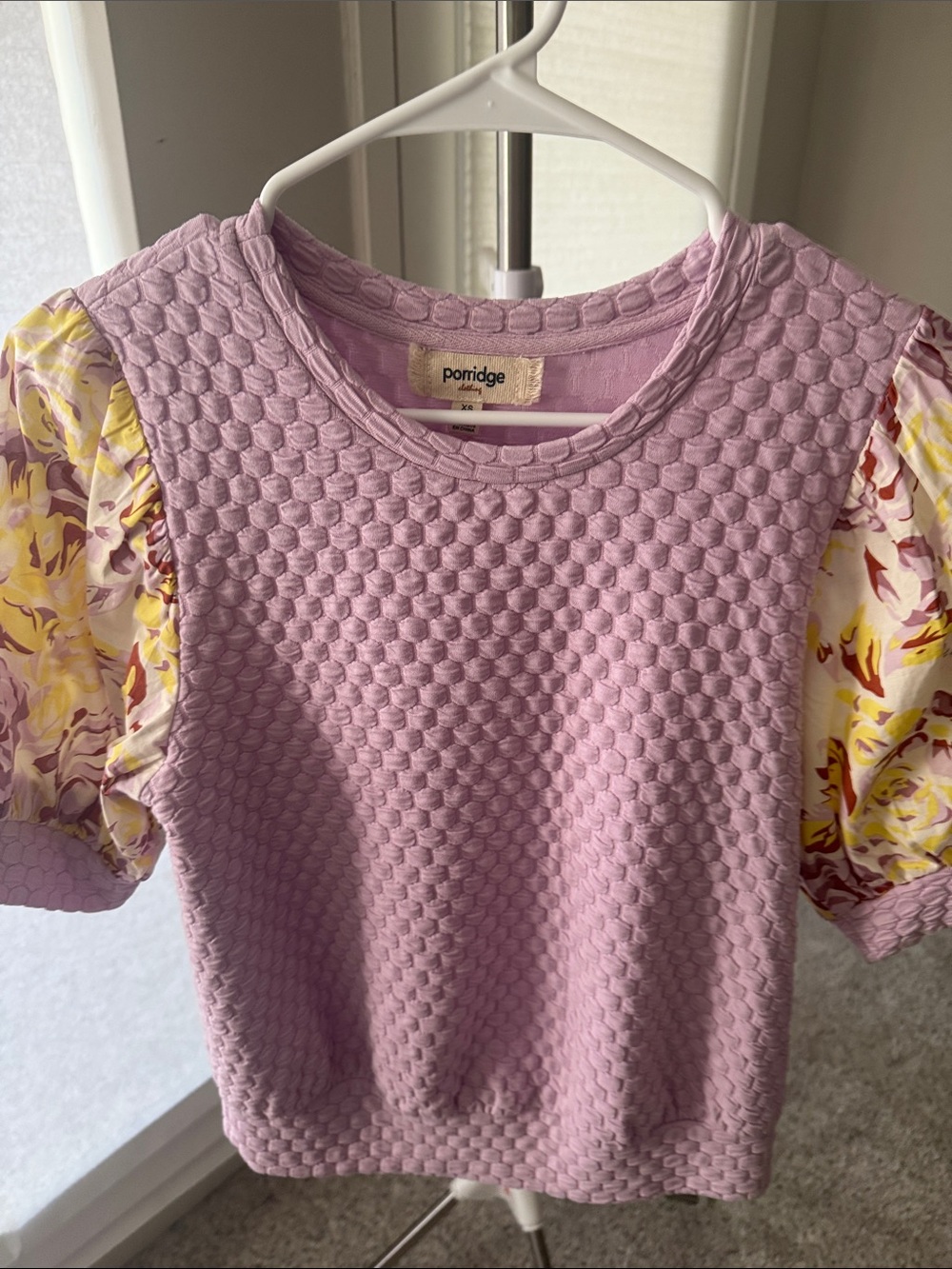 Porridge women’s Lavender Textured Top with Floral Puff Sleeves